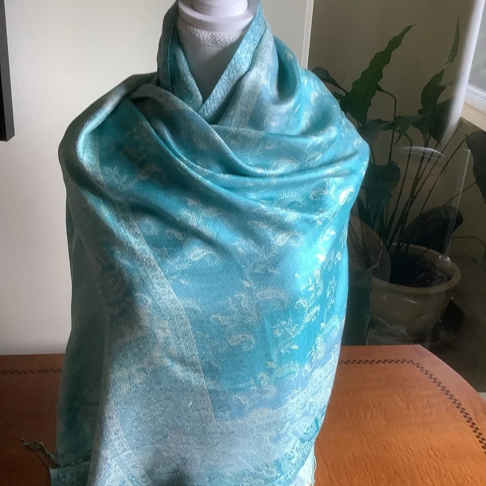 Silk Aqua Blue Paisley Summer Wrap with Fringe